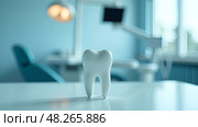 3d Realistic Tooth. Dental Inspection Banner, Plackard. Tooth Icon Closeup on Blue Background. Medical, Dentist Design Template. Dental Health Concept. Стоковое AI-изображение, AI-художник Роготнева Виктория / Фотобанк Лори