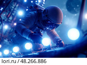 Astronaut on a spacewalk outside the Space Station. Стоковое AI-изображение, AI-художник Алексей Кузнецов / Фотобанк Лори