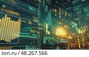 Complex abstract digital landscape with layers of glowing data streams, geometric shapes and code-like text, suggesting futuristic technological environment. Digital technology and data processing. Стоковое AI-видео, аниматор Елена Никишина / Фотобанк Лори