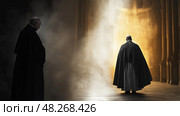 Split scene of old Pope walking into light and silhouette of new Pope emerging. Сцена с изображением старого Папы, идущего на свет, и силуэта нового Папы, появляющегося на свет. Стоковое AI-изображение, AI-художник Katsiaryna Repich / Фотобанк Лори