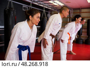 People in kimono bowing during karate training. Стоковое фото, фотограф Яков Филимонов / Фотобанк Лори