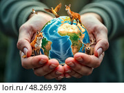 Руки, держащие Земной шар с различными животными, символизирующие охрану дикой природы и защиту Земли. Стоковое AI-изображение, AI-художник Елена Болотина / Фотобанк Лори
