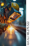 A close-up of a worker's face behind a protective mask, welding a pipeline in an oil refinery, with sparks and intense light. Стоковое AI-видео, аниматор Sergey Grishin / Фотобанк Лори