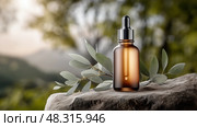 Essential oil dropper mockup bottle sitting on a rock with greenery in the background. Флакон с пипеткой для эфирных масел на камне с зеленью на заднем плане. Стоковое AI-изображение, AI-художник Katsiaryna Repich / Фотобанк Лори