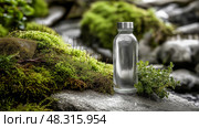 Condensation-Covered Glass Water Bottle on Smooth Stone, Eco-Luxury in Mossy Sanctuary. Стеклянная бутылка для воды с крышкой от конденсата на гладком камне, эко-роскошь в моховом заповеднике. Стоковое AI-изображение, AI-художник Katsiaryna Repich / Фотобанк Лори