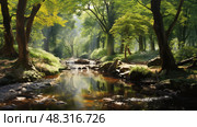 sunlight tree by stream ai generated. Стоковое AI-изображение, AI-художник Vectorwin / Фотобанк Лори