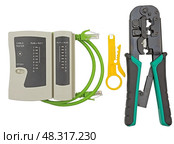 Роутер, кабельный тестер и соединительные кабели. Closeup of network cables connected to router on white. Стоковое фото, фотограф Татьяна Д / Фотобанк Лори