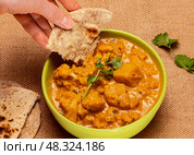 Индийское кари из картофеля и цветной капусты. Рука с пшеничной лепешкой макает в кари. Стоковое фото, фотограф Елена Добрынина / Фотобанк Лори