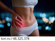 Inflammation of appendicitis, menstrual pain, woman with stomachache suffering from pms at home, endometriosis, cystitis and other diseases of the urinary system. Стоковое AI-изображение, AI-художник Станислав Тарко / Фотобанк Лори
