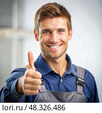 The Thumbs-Up Overalls Enthusiast. Generative AI. Стоковое AI-изображение, AI-художник Roman Zavorotny / Фотобанк Лори