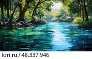 forest blue and green water color ai generated. Стоковое AI-изображение, AI-художник Vectorwin / Фотобанк Лори