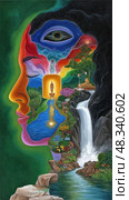 A painting of a woman's face with a waterfall in the background. Стоковое AI-изображение, AI-художник Ярославский Максим / Фотобанк Лори