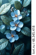 Elegant Blue Flowers with Yellow Stamens and Green Veined Leaves on Dark Background, Botanical Floral Composition for Nature Prints, Packaging, Wall Art, Backgrounds and Decorative Design Projects. Стоковое AI-изображение, AI-художник Сергей Тимофеев / Фотобанк Лори