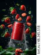 Red soda can with water droplets surrounded by flying fresh strawberries and splashing water, dynamic refreshing fruit beverage concept on dark background, vibrant summer drink advertisement mockup. Стоковое AI-изображение, AI-художник Сергей Тимофеев / Фотобанк Лори