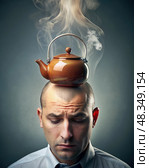 Man Balancing Teapot on Head. Generative AI. Стоковое AI-изображение, AI-художник Roman Zavorotny / Фотобанк Лори