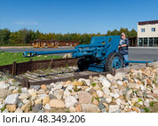 Мужчина рассматривает экспонат. Пушка ЗИС-3,  уличная экспозиция под открытым небом, музей «Оштинский рубеж», Вологодская область. Редакционное фото, фотограф Головкова Елена / Фотобанк Лори