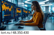 Woman focused on interpreting data displayed on several screens in a sleek, contemporary office workspace, illuminated by artificial lights. Стоковое AI-изображение, AI-художник Данила Большаков / Фотобанк Лори