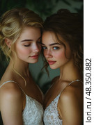 Two young women in delicate lace dresses lean close together, sharing a warm and intimate moment surrounded by soft, natural light and greenery. Стоковое AI-изображение, AI-художник Данила Большаков / Фотобанк Лори