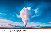 Power Plant Against Sky: Cloudscape Over Facility. Стоковое AI-изображение, AI-художник Данила Большаков / Фотобанк Лори