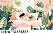 A tranquil nap in a lush indoor garden: Restful slumber amidst serene botanical bliss, perfect home decor, poster or print. Стоковое AI-изображение, AI-художник Данила Большаков / Фотобанк Лори