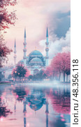Tranquil dawn: Sultanahmet Mosque reflecting on water, framed by pink blossom. Стоковое AI-изображение, AI-художник Данила Большаков / Фотобанк Лори