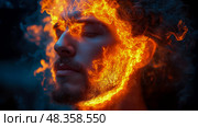 A captivating portrayal of a person enveloped in vibrant flames around their face, evoking intensity and emotion in a dimly lit setting. Стоковое AI-изображение, AI-художник Данила Большаков / Фотобанк Лори