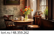 vtage table in coffee shop ai generated. Стоковое AI-изображение, AI-художник Vectorwin / Фотобанк Лори