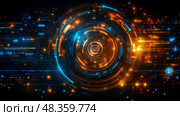 A complex digital network features a swirling pattern of blue and orange circuits, showcasing the intricacies of modern technology. Стоковое AI-изображение, AI-художник Данила Большаков / Фотобанк Лори