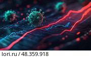 Data trends represent COVID-19 impacts, with a striking visual of virus models set against dynamic metrics on a digital platform. Стоковое AI-изображение, AI-художник Данила Большаков / Фотобанк Лори