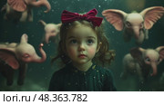 A young girl with curly hair and a bow gazes curiously as elephant figures float around her in a dreamlike environment. Стоковое AI-видео, аниматор Виктория Новохацкая / Фотобанк Лори