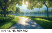A beautiful pathway meanders alongside a calm lake, framed by vibrant trees and gentle sunlight, inviting peaceful moments in nature. Стоковое AI-изображение, AI-художник Данила Большаков / Фотобанк Лори