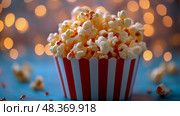 A bucket filled with fluffy popcorn stands out against a beautifully blurred background with warm lights, perfect for sharing during celebrations. Стоковое AI-изображение, AI-художник Данила Большаков / Фотобанк Лори