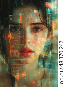 A young woman gazes thoughtfully as digital data overlays her face, merging technology and human emotion in a captivating portrayal. Стоковое AI-изображение, AI-художник Данила Большаков / Фотобанк Лори