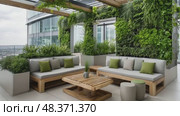 Relaxing green rooftop terrace in a modern cityscape. Стоковое AI-видео, аниматор Юрий Поздников / Фотобанк Лори
