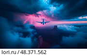 Flight Through Storm: Airplane soaring over Mesa landscape with Lightning Strike for Adventure Print. Стоковое AI-изображение, AI-художник Данила Большаков / Фотобанк Лори