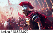Epic Roman Legionary Charge: A Moment of Valor and Fury in Ancient Warfare. Стоковое AI-изображение, AI-художник Данила Большаков / Фотобанк Лори