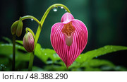 rare pink ladys slipper ai generated. Стоковое AI-изображение, AI-художник Vectorwin / Фотобанк Лори