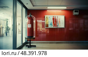 hallway fire extinguisher on wall ai generated. Стоковое AI-изображение, AI-художник Vectorwin / Фотобанк Лори