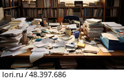 untidy cluttered office ai generated. Стоковое AI-изображение, AI-художник Vectorwin / Фотобанк Лори