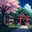 Peaceful japanese village scene featuring historic wooden buildings, red torii. Стоковое AI-изображение, AI-художник Андрей Ка / Фотобанк Лори