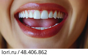 Close-up of a woman's radiant smile with red lipstick, showcasing healthy, white teeth and a confident, glamorous look. Стоковое AI-видео, аниматор Данила Большаков / Фотобанк Лори