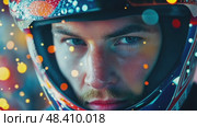Intense close-up of a determined racer's face through a helmet visor, conveying speed, competition, and adrenaline. Стоковое AI-видео, аниматор Данила Большаков / Фотобанк Лори