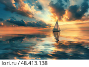 A sailboat glides peacefully through calm waters at sunset, with a dramatic sky of colorful clouds overhead. Стоковое AI-изображение, AI-художник Данила Большаков / Фотобанк Лори