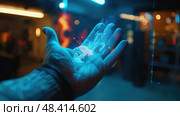 A hand with a blue glow emanating from it in a dimly lit room. Стоковое AI-изображение, AI-художник Данила Большаков / Фотобанк Лори