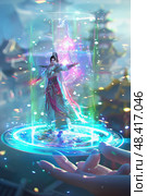 A female character in a white and red outfit stands on a glowing platform, conjuring magic in a hand. Стоковое AI-изображение, AI-художник Данила Большаков / Фотобанк Лори