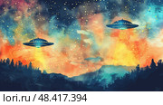 Two UFOs hover over a dark forest silhouette against a colorful sunset sky. Стоковое AI-изображение, AI-художник Данила Большаков / Фотобанк Лори