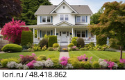 picket suburban house front ai generated. Стоковое AI-изображение, AI-художник Vectorwin / Фотобанк Лори