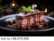Decadent Delight: Indulge in the rich flavors and velvety texture of a luscious piece of chocolate cake, resting elegantly on a sleek black plate. Стоковое AI-изображение, AI-художник Данила Большаков / Фотобанк Лори