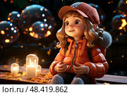 Little girl peacefully sits on a bench, her presence juxtaposed against the warm glow emanating from a single, lit candle. Стоковое AI-изображение, AI-художник Данила Большаков / Фотобанк Лори