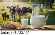 Fresh rustic cow's milk in a jug and white fragrant bread and pastries on a table against the background of a meadow where cows graze. AI generated. Стоковое AI-видео, аниматор Ольга Симонова / Фотобанк Лори